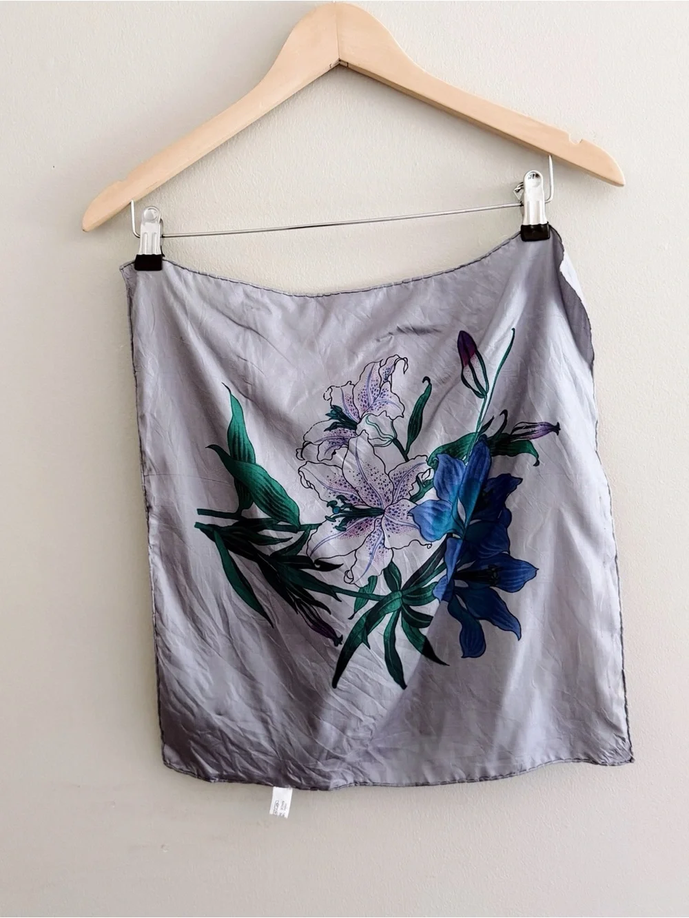 Vintage Silk Silvery Blue Gray Floral Square Scarf